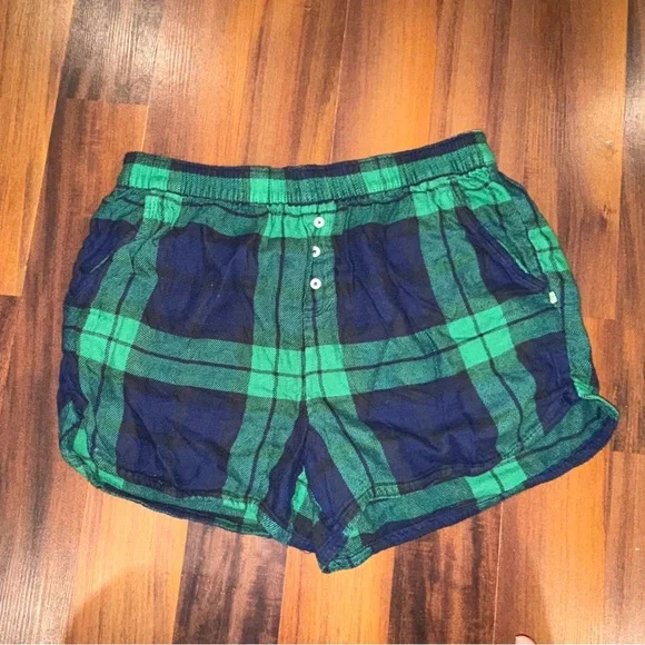 Aerie Striped Shirt and Short Pajama Set in Blue and Green Plaid Size Large - Picture 3 of 4